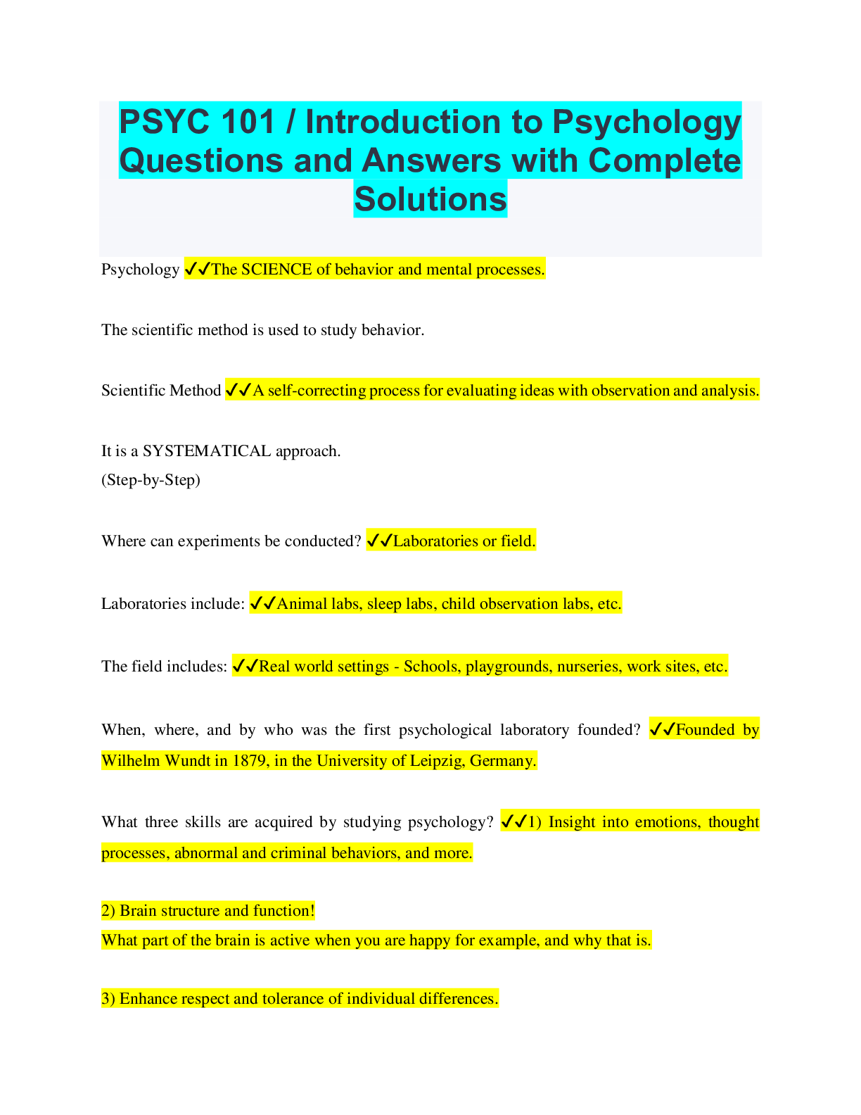 Preview image for PSYC 101 / Introduction to Psychology Questions and Answers with Complete Solutions